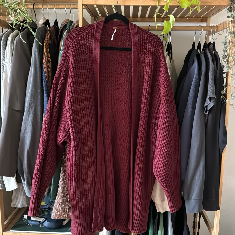 Free People Burgundy Open-Front Cardigan